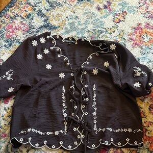 Adrianna Papell Black Blouse with White Embroidery